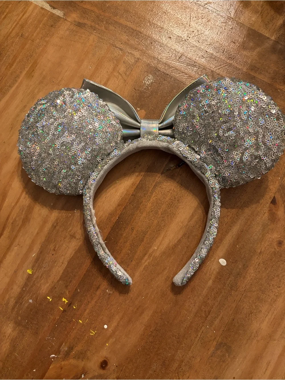 Iridescent Silver Sequin Minnie Ears Headband with Holographic Bow